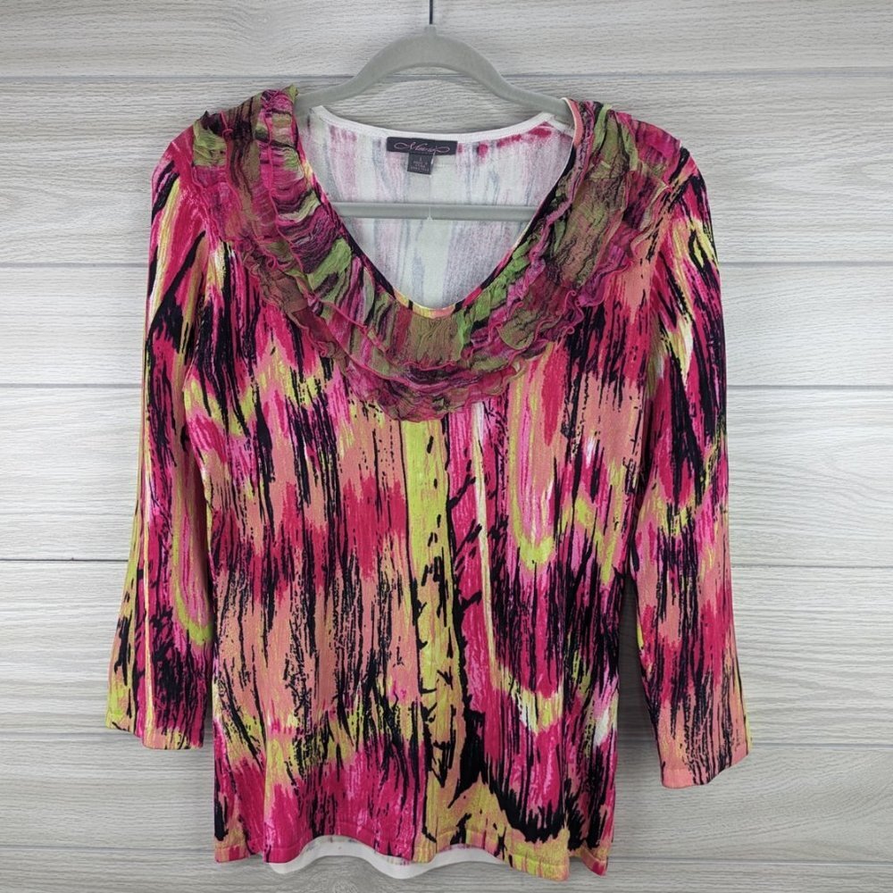 Metric Pink Abstract Ruffle Neckline Top